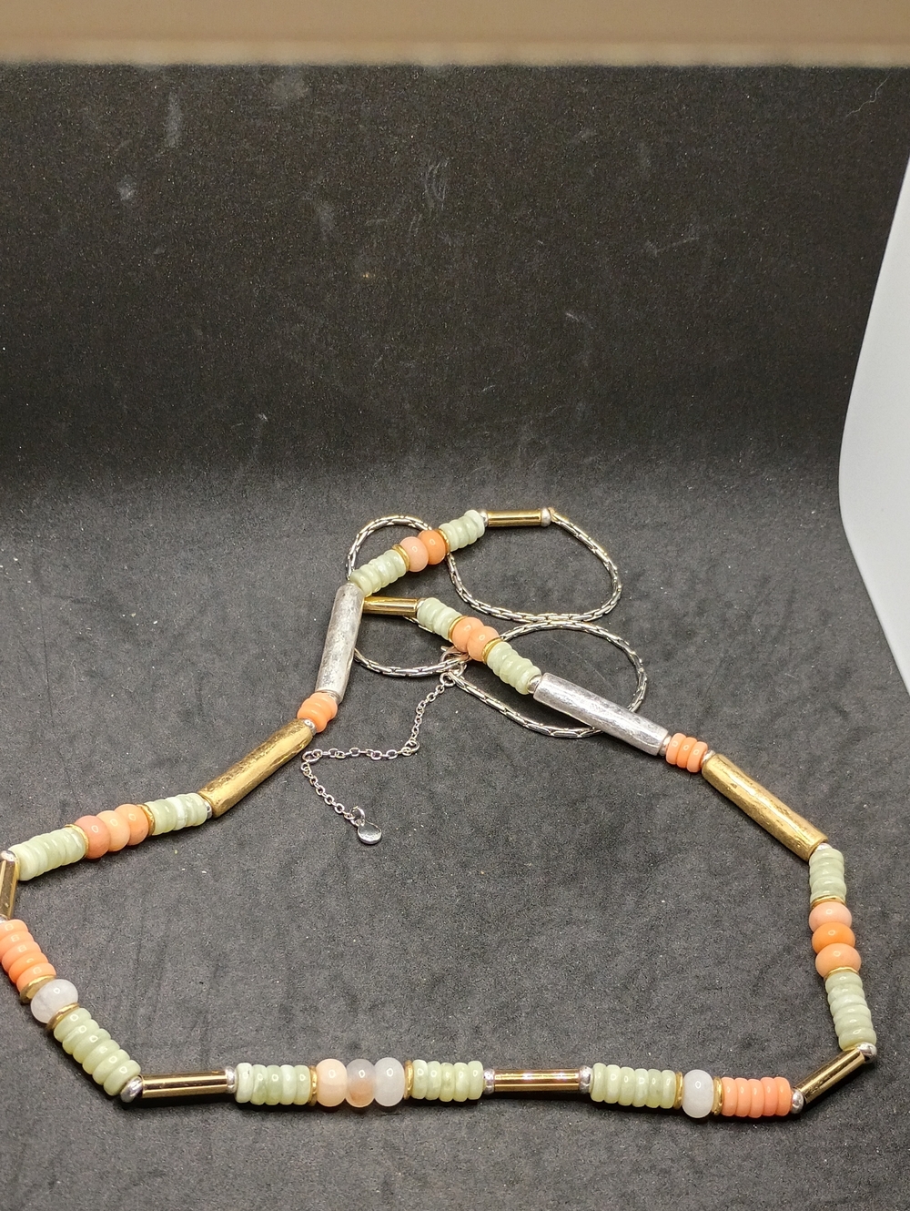 Delicate Peach & Sage Beaded Necklace with Mixed Metal Accents